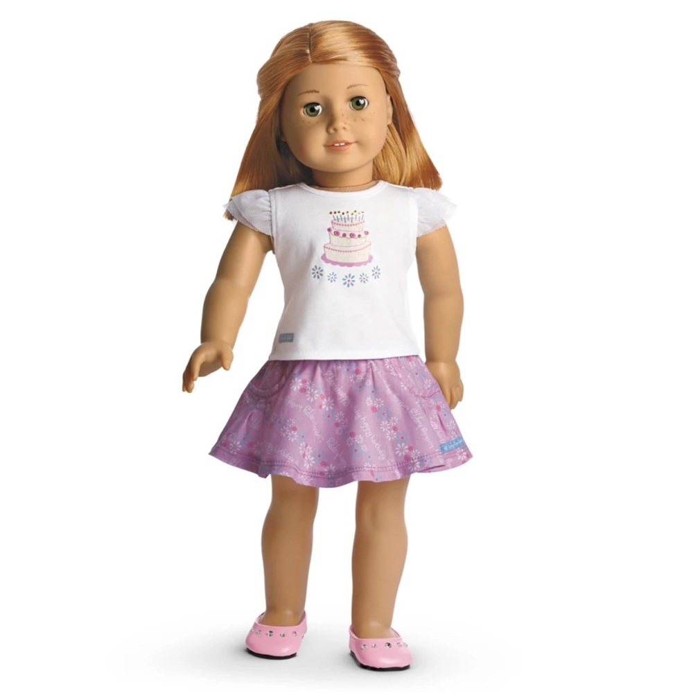 American Girl White Birthday Tee with Lavender Patterned Skirt and Pink Shoes